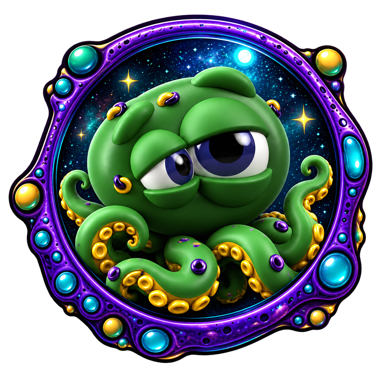 StarGoid gives you a knowing look, his green tentacles curled inside a purple, jewel-studded frame.